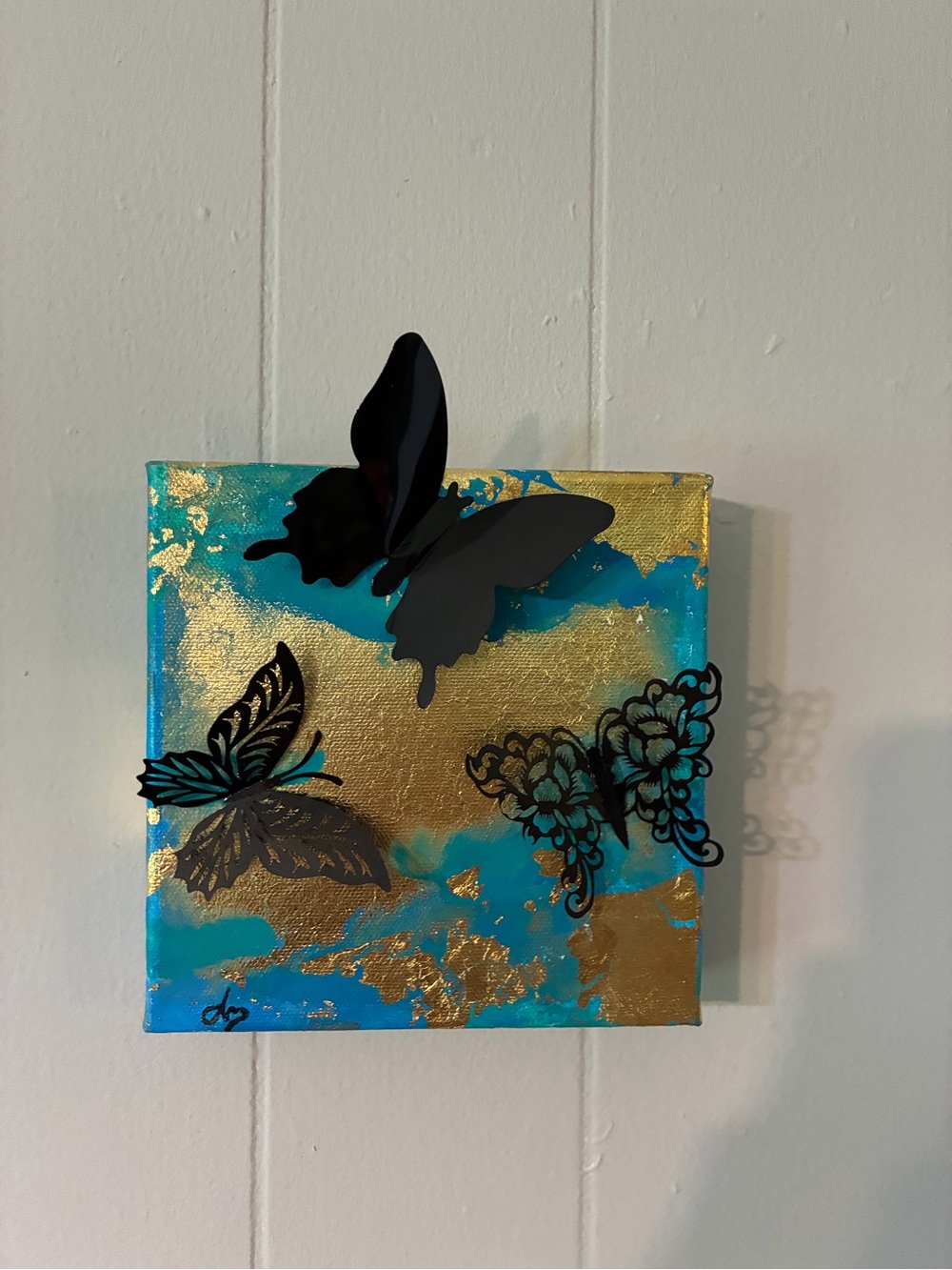 Turquoise & Gold Butterfly Wall Art - Mixed Media Home Art